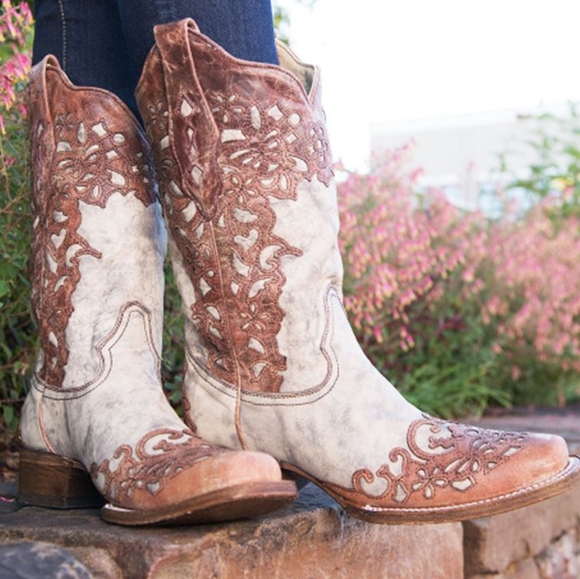 Corral Shoes - CORRAL A2870 sand & cognac leather overlay cowgirl western boots square toe sz 9
